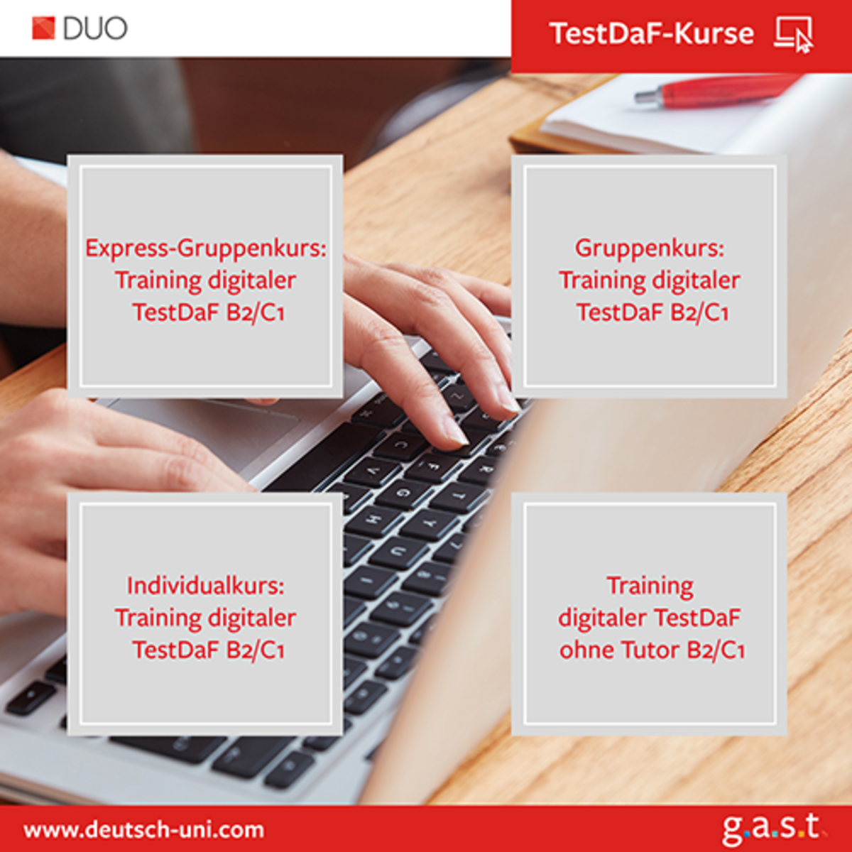 Imagebild der TestDaF-Kurs der DUO: im Hintergrund sieht man zwei Hände, die auf einem Laptop tippen; im Vordergrund sind vier graue Kästen, in denen Lernformat der TestDaF-Vorbereitungskurse beschrieben werden.