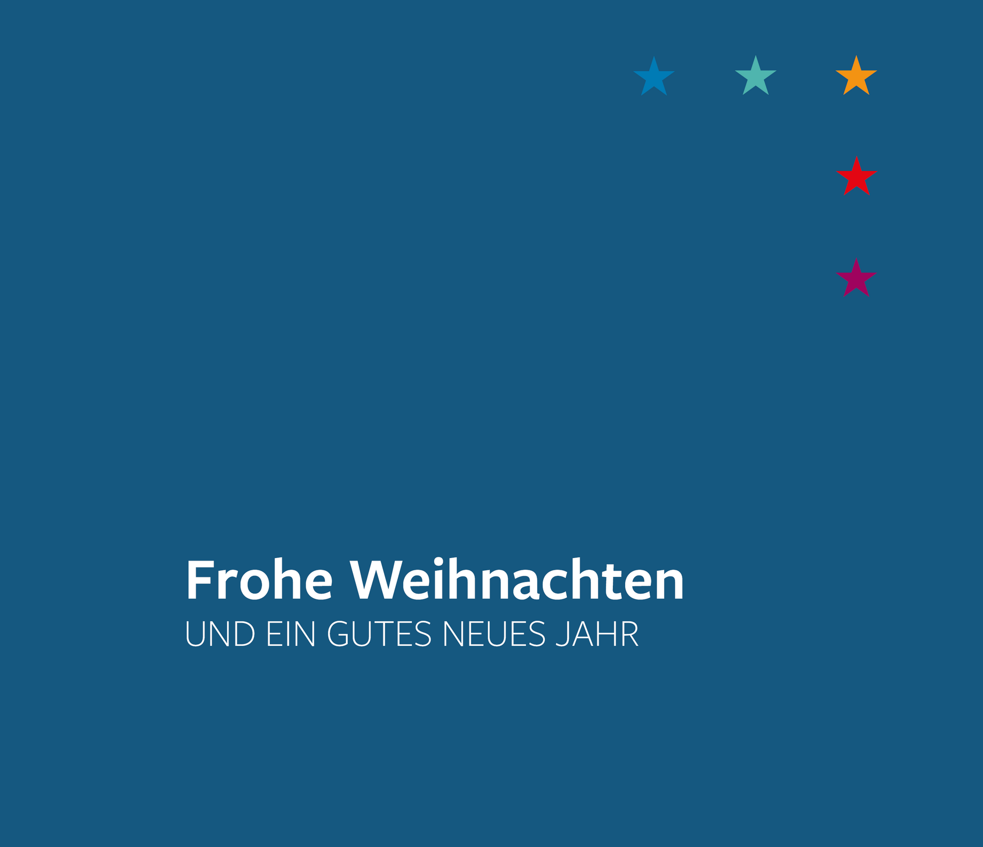 g.a.s.t.-Weihnachtskarte 2025 | g.a.s.t. Auf blauem Hintergrund steht Zitat: Frohe Weihnachten und ein gutes neues Jahr. Fünf Sterne in den Produktfarben sind in der rechten oberen Ecke platziert.